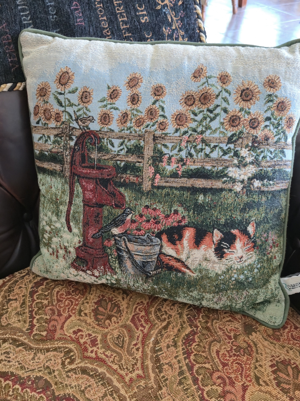 Vintage Riverdale Tapestry Pillow | Calico Cat & Sunflowers Farmhouse Decor